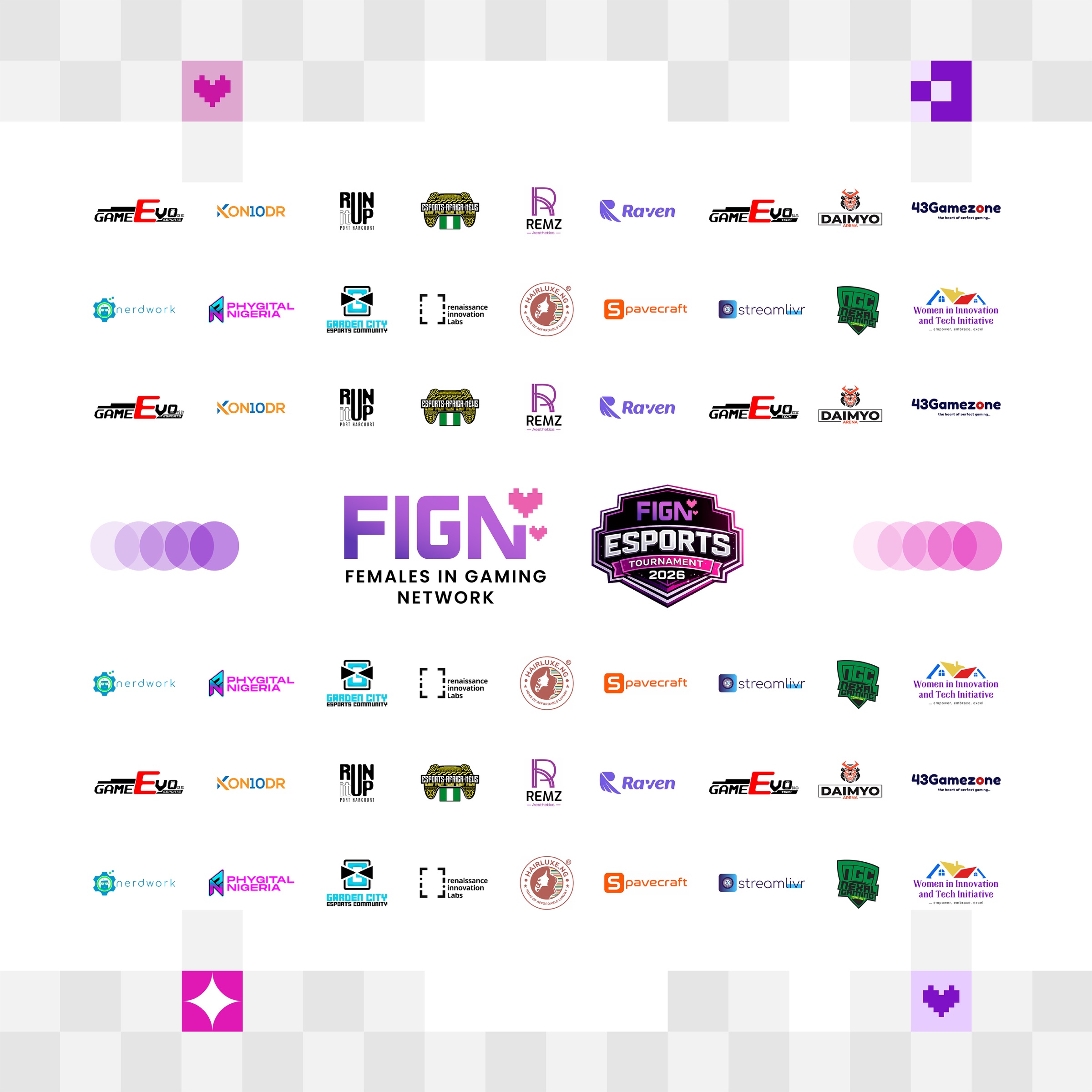 Partner wall for the FIGN Esports Tournament 2026: GameEvo Esports, Kon10dr, Run It Up Port Harcourt, Esports Africa News, REMZ Aesthetics, Raven, GameEvo Tech, Daimyo Arena, 43Gamezone, Nerdwork, Phygital Nigeria, Garden City Esports Community, Renaissance Innovation Labs, Hairluxe.NG, Spavecraft, Streamlivr, Nexal Gaming, and the Women in Innovation and Tech Initiative